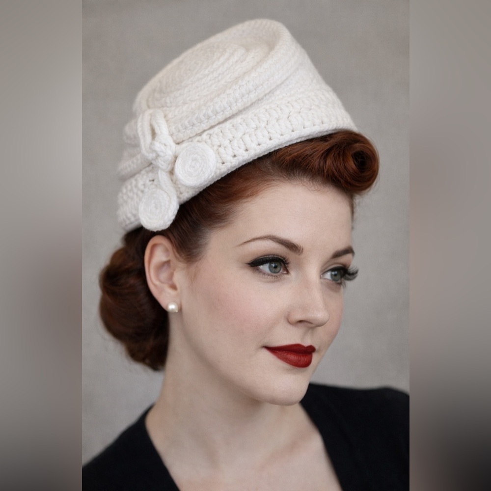 Vintage 1940s Everitt Needlepoint Womens White Beehive Tilt Hat Sculpted Toque - Picture 1 of 16